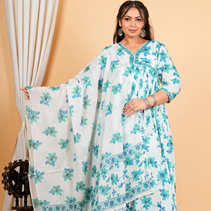Kurta Anarkali Azul de Algodón con Estampado Floral para Mujer, con Dupatta, Cuello en V, Bordado, Mangas Tres Cuartos, Diseño Étnico Global - Product Image 1