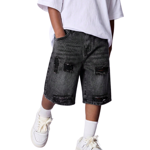 <b>Boys</b> Black Denim Shorts <b>Washed</b> Ripped Distressed Knee Length Relaxed Fit Casual Jeans Shorts With Whisker Effect For Streetwear - Product Image 5