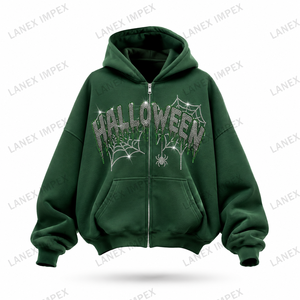 เสื้อฮู้ดซิปสีเขียวสำหรับผู้ชาย ทรงโอเวอร์ไซส์ พิมพ์ลายฮาโลวีนประดับเพชร  ผ้าหนา  ขายส่งจากโรงงาน รับผลิตแบบ OEM - Product Image 2