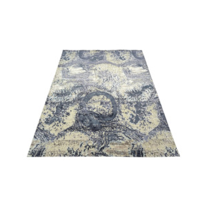 พรมขนสัตว์และไหมทอมือลายศิลปะนามธรรม สีเทาและครีม ขนสั้น - Product Image 3