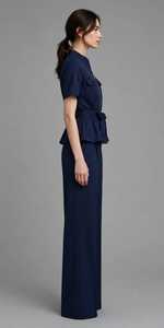 <b>Women</b> <b>Navy</b> Short Sleeve Stand Collar Zipper Peplum <b>Top</b> Wide Leg Pants 2 Piece Set - Product Image 2
