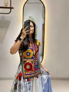 Designer Gamthi Embroidery Kedia Style Lehenga Choli with Printed Lehenga | Navratri Special Mirror Work Party <b>Set</b> - Product Image 3