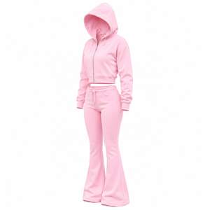 Custom Logo Women Flare Tracksuit Chic Streetwear Cropped Zip Hoodie Flare <b>Sweatpants</b> <b>Set</b> Premium Fashion Womens Sweat <b>Set</b> - Product Image 3