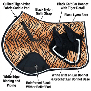 Custom Print Saddle Pad and <b>Fly</b> Veil Set - Diamond Quilted Fabric with white rope piping and Crochet Ear Bonnet by Cross edge - Product Image 2