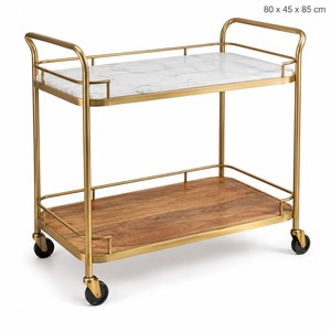 รถเข็นบาร์ไม้มะม่วง ท็อปหินอ่อน โครงทองเหลือง 2 ชั้น สำหรับเสิร์ฟ ขายส่ง - Product Image 1
