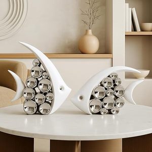 Escultura contemporánea de pez blanco con cuentas plateadas, arte decorativo para mesas - Product Image 5