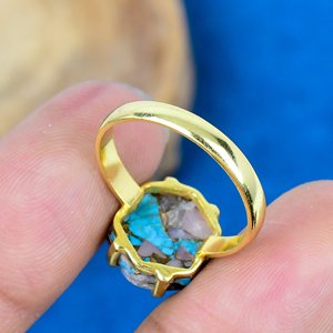 Natural Pink Opal Copper Turquoise Hexagon Shape Gemstone <b>Ring</b> 18k Gold Micron Over <b>925</b> Sterling <b>Silver</b> - Product Image 4
