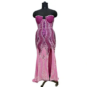 Luxury Ombre Pink Purple Mermaid Evening <b>Dress</b> Strapless <b>Corset</b> Heavy Sequin <b>Prom</b> Gown with High Slit - Product Image 1