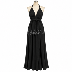 Robe longue élégante noire à col licou, décolleté plongeant, ceinture tressée à la taille, tissu fluide et doux, fente latérale, idéale pour l'été, la plage, les soirées et les fêtes. - Product Image 1