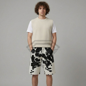 Custom High Quality Mens Casual Streetwear Outfit Beige Knit <b>Sweater</b> Vest And Fashionable Cow Print Furry Shorts Summer <b>Set</b> 2026 - Product Image 1