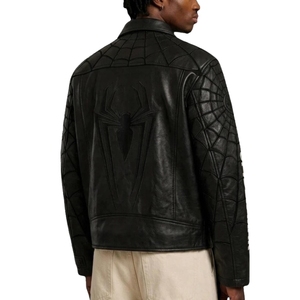Veste de course en cuir noir Spider-Man |   Sangle en toile gaufrée et blouson de motard inspiré de Marvel, streetwear super-héros haute performance - Product Image 2