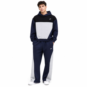 Survêtement Homme Personnalisé en Coton Molletonné Lourd, Coupe Droite, Deux Pièces (Haut à Capuche et Pantalon) avec Blocs de Couleurs, OEM - Product Image 1