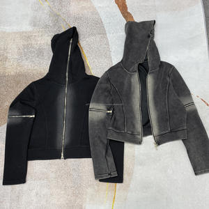 <b>Y2k</b> Cropped Zip-Up Hoodie <b>Vintage</b> Sun Faded Washed Winter Plain Dyed Embroidered Men's Hoodie - Product Image 1