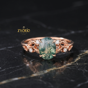 Anillo de Ágata Musgosa Natural, Oro de 10K, Anillo de Compromiso Vintage con Diseño de Enredadera, Ágata Musgosa Verde Ovalada con Detalles de Diamantes - Product Image 1