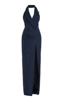 Robe longue bleu marine à col halter avec fente avant, taille empire, silhouette trapèze, boutons à bordure dorée, longueur ras du sol