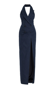 Midnight Navy Pinstripe Halter Neck Blazer Maxi Dress Executive Noir Double Breasted Halter Gown with Front Slit - Product Image 4