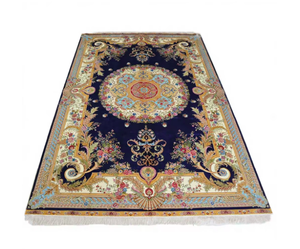 Alfombra Tradicional Persa con Medallón, Tejida a Mano, de Lana y Seda, Rectangular, Diseño Floral Azul, Decoración para Sala de Estar - Product Image 2