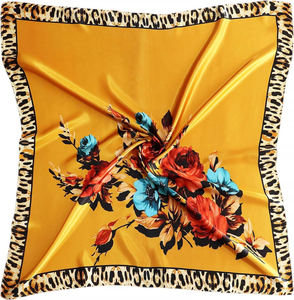 Élégant foulard en satin à imprimé floral, bandana personnalisé en soie jaune avec bordure léopard, foulards carrés en satin pour cheveux - Product Image 1