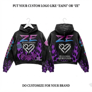Sudadera con Capucha de Felpa de Algodón Premium de 420 GSM, Estampado de Llamas en Negro y Morado, Logotipo Personalizado, Talla Grande - Product Image 1