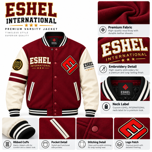 Chaqueta Varsity de Lana para Hombre, Color Granate con Bloques de Color, Parche con Letra Bordada, Botones a Presión, Estilo Casual, Otoño, Venta al Por Mayor, OEM 2026 - Product Image 3