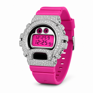 Reloj Digital de Lujo con Incrustaciones de Moissanita, Caja de Acero Inoxidable, Correa de Silicona Rosa, Estilo Hip Hop, Unisex - Product Image 3