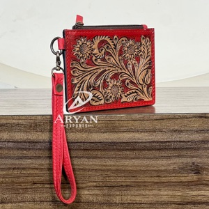 Cartera de Cuero Genuino de Lujo Hecha a Mano con Diseño Floral, Mini Cartera con Cierre para Monedas y Tarjetas ATM, Ideal para Compras - Product Image 1