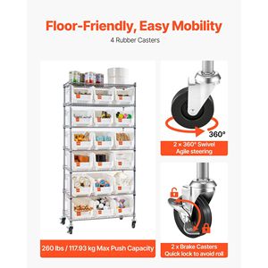 Scaffale Portaoggetti a 7 Ripiani con 18 Contenitori, Sistema di Scaffalature in Filo d'Acciaio, Organizzatore Mobile per Attrezzi con Ruote per Garage - Product Image 5