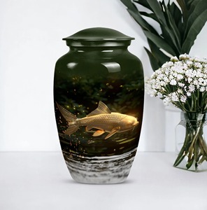 Black Cremation <b>Urn</b> with Golden Fish Design for Adult Human Ashes Classic <b>Large</b> Aluminium <b>Urn</b> For Funeral Adult Ashes - Product Image 1