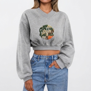 Sudadera Corta Gris Personalizada para Mujer, Sudadera con Cuello en V, Manga Larga, Apliques Bordados, Sudadera Estética a la Moda - Product Image 1