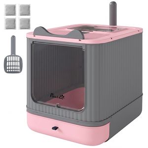 Lettiera per Gatti Media con Coperchio in PP, Ingresso Frontale e Uscita Superiore, Paletta, Ampio Spazio Interno, Rosa, Sacchetto Deodorante, Toilette Chiusa per Gatti - Product Image 1
