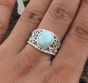 Bague de mariage en larimar naturel sertie clos, en argent sterling 925, bijou classique pour femme, provenant de la République dominicaine - Product Image 5