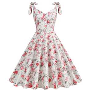 Robe d'été décontractée en coton tissé à imprimé floral vintage, coupe trapèze midi, éco-responsable, taille haute, col en V, manches courtes - Product Image 6