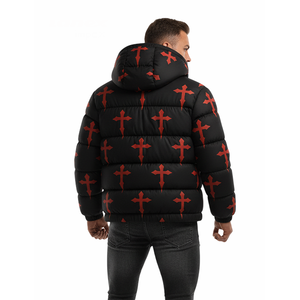 Veste matelassée noire de haute qualité pour homme avec imprimé croix, à capuche, d'hiver, style streetwear, épaisse et chaude, personnalisable avec logo OEM - Product Image 2