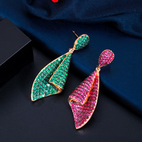 Anting-anting gantung kelopak geometris zircon mikro pave kuningan, anting-anting tusuk tetesan air mata berlapis emas, perhiasan mewah untuk wanita