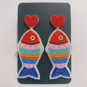 Boucles d'oreilles pendantes faites à la main en perles de rocaille, motif poisson, cœur floral coloré, vente en gros, bijoux fantaisie bohèmes d'été pour femmes - Product Image 3