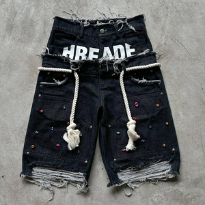 Fabricant de shorts en jean personnalisés, coupe baggy, avec cordon de serrage, déchirés, à strass, style charpentier, cargo, double taille, jorts, effet usé - Product Image 1