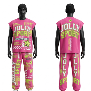 Conjunto de pantalón sin mangas de algodón y poliéster de 320 GSM, color rosa jaspeado, con estampado de logotipo DTG en relieve, camiseta y pantalón para hombre. - Product Image 2