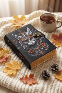 400 Pages Cat Leather Grimoire Journal Vintage Water Color Spell Book Multi Color Deckle Edge Paper Antique <b>Lock</b> - Product Image 4