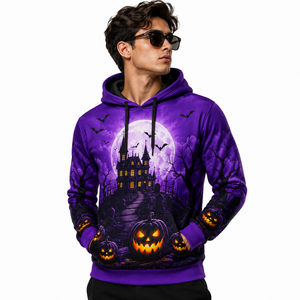 Sudadera con Capucha Personalizada Morada de Halloween con Diseño de Casa Encantada y Calabaza, Unisex, Sublimada, de Poliéster, Estilo Gótico Urbano - Product Image 1