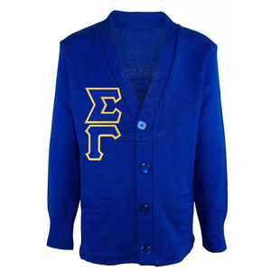 Pull en acrylique tricoté bleu roi pour femme SGR avec logo Sigma Gamma brodé jaune, col en V boutonné, manches longues, style universitaire - Product Image 1