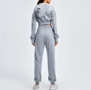 ชุดเซ็ตเสื้อฮู้ดครอปซิปเต็มตัวและกางเกงขายาวผ้าฝ้ายออร์แกนิคคุณภาพสูงสำหรับผู้หญิง สไตล์สตรีทแวร์ ล้างสีแบบแอซิดวอช - Product Image 2