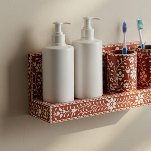 Handcrafted Floral Bone Inlay Bathroom Organizer Set <b>Wall</b>-Mounted Vanity Shelf with Soap Dispensers and <b>Toothbrush</b> <b>Holders</b> - Product Image 5