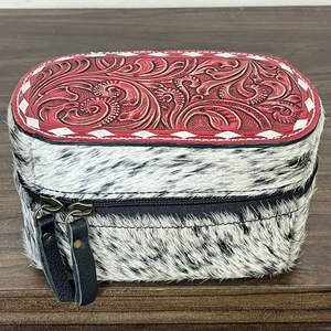 Western Hand Tooled Cowhide Leather Mini Jewelry <b>Case</b> Zipper Portable Organizer Box Travel Storage Wholesale Handcrafted Box - Product Image 4