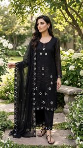 2026 O-Neck Solid Woven Currency Silk Cute 3-Piece Knee-Length <b>Work</b> Kurti Plazzo Dupatta Full Sleeves Waist Elastic <b>Belt</b> - Product Image 3