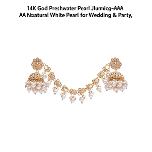Boucles d'oreilles Jhumki en or 14 carats avec perles d'eau douce - Perles blanches naturelles de qualité AAAA pour mariage et soirée - Product Image 2