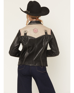 Chaqueta Vaquera de Cuero Negro Crema para Mujer con Bordado Floral Rosa, Puntadas Decorativas, Estilo Retro, Cremallera, Cuero Genuino OEM - Product Image 4