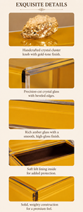 Amber Yellow Glass Jewelry Storage Box with <b>Crystal</b> <b>Cluster</b> Knob Gold Tone Finish Beveled Edges Decorative Keepsake Organizer - Product Image 4