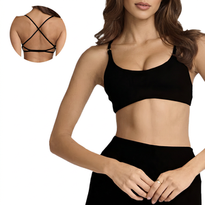 Soutien-gorge de sport noir à bretelles pour femme, maintien moyen, respirant, style simple, couleur unie - Product Image 5