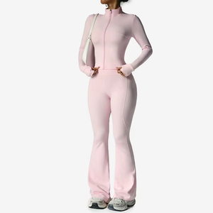 Pink Cowl Neck Full Length Yoga <b>Jumpsuit</b> High Waist Flared Leg Seamless Four Way Stretch Elastic Waist Long Sleeve <b>Leopard</b> Front - Product Image 1