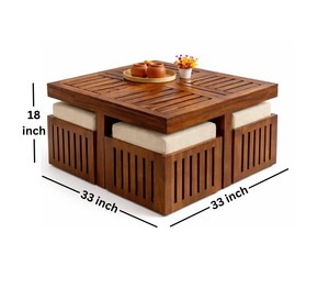 Slatted Top Solid Wood Coffee Table with 4 <b>Cushioned</b> Stools | Space Saving Nested Center Table | Jodhpur Export - Product Image 2